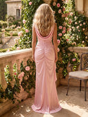 Satin Mermaid Scoop Neck Sleeveless Long Formal Dresses with Slit