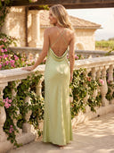 Satin Mermaid V Neck Spaghetti Straps Long Formal Dresses with Slit