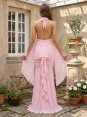 Chiffon Mermaid Deep V Neck Sleeveless Long Formal Dresses with Ruffles