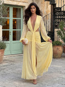 Chiffon Mermaid Deep V Neck Long Sleeves Long Formal Dresses with Pleated
