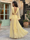 Chiffon Mermaid Deep V Neck Long Sleeves Long Formal Dresses with Pleated