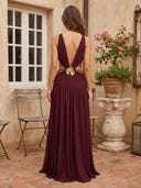 Chiffon A Line Deep V Neck Long Formal Dresses with Slit