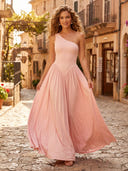 Satin A Line One Shoulder Sleeveless Long Formal Dresses with Pleated