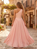 Satin A Line One Shoulder Sleeveless Long Formal Dresses with Pleated