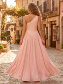 Satin A Line One Shoulder Long Formal Dresses with Pleated Wedding Guest Sleeveless Maxi Dresses