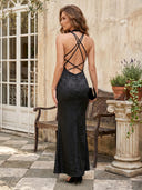Satin Mermaid Deep V Neck Sleeveless Long Formal Dresses with Jacquard