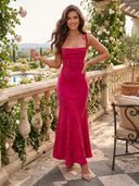 Satin Mermaid Square Neck Spaghetti Straps Long Formal Dresses with Jacquard