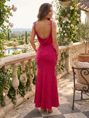 Satin Mermaid Square Neck Spaghetti Straps Long Formal Dresses with Jacquard