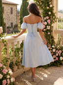 Chiffon A Line Off Shoulder Tea Length Formal Dresses with Pleated
