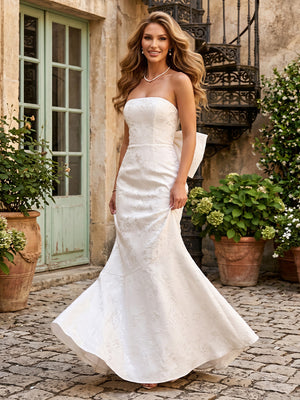 Satin Mermaid Strapless Long Formal Dresses with Bow
