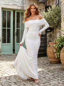 Sequin Mermaid Off Shoulder Long Sleeves Long Formal Dresses with Pleated