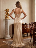 Satin Mermaid Spaghetti Straps Long Formal Dresses with Corset