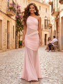 Tulle Mermaid One Shoulder Long Formal Dresses with Pleated
