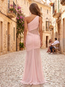 Tulle Mermaid One Shoulder Long Formal Dresses with Pleated