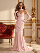 Satin Mermaid Strapless Long Formal Dresses with Scarf