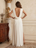 Chiffon Mermaid Deep V Neck Long Formal Dresses with Pleated