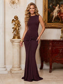Tulle Mermaid Crew Neck Long Formal Dresses with Pleated