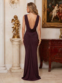 Tulle Mermaid Crew Neck Long Formal Dresses with Pleated