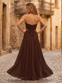 Satin Mermaid Strapless Long Formal Dresses with Slit Wedding Guest Maxi Dresses