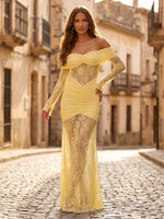 Tulle Mermaid Off Shoulder Long Sleeves Long Formal Dresses with Lace