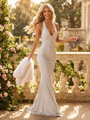 Sequin Mermaid Halter V Neck Long Formal Dresses with Backless
