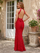 Lace Mermaid Halter Long Formal Dresses with Pleated