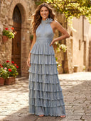 A Line Halter Sleeveless Long Formal Dresses with Flower