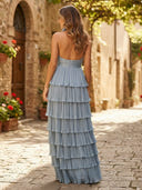 A Line Halter Sleeveless Long Formal Dresses with Flower