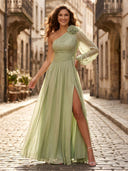 A Line One Shoulder Long Sleeves Formal Dresses with Slit