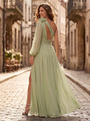 A Line One Shoulder Long Sleeves Formal Dresses with Slit