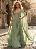 A Line Sweetheart Cape Sleeves Pleated Long Formal Dresses with Beads