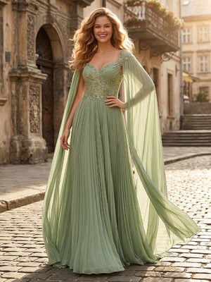 A Line Sweetheart Cape Sleeves Pleated Long Formal Dresses with Beads