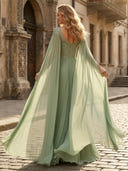 A Line Sweetheart Cape Sleeves Pleated Long Formal Dresses with Beads