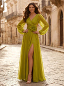 A Line V Neck Long Sleeves Pleated Formal Dresses with Slit