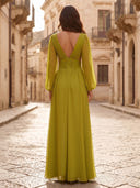 A Line V Neck Long Sleeves Pleated Formal Dresses with Slit