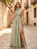 A Line Halter Sleeveless Pleated Formal Dresses with Slit