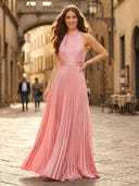 A Line Halter Satin Pleated Sleeveless Formal Dresses