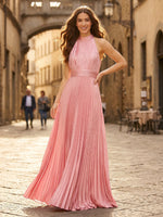 A Line Halter Satin Pleated Sleeveless Formal Dresses