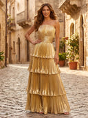 A Line Tiered Strapless Sleeveless Long Formal Dresses