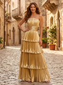 A Line Tiered Strapless Long Formal Dresses Wedding Guest Sleeveless Maxi Dresses