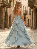 A Line Halter Sleeveless Long Formal Dresses with Flower