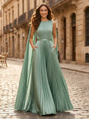A Line Round Neck Sleeveless Long Formal Dresses with Pockets