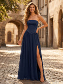 Chiffon A Line Strapless Long Formal Dresses with Drop Waist