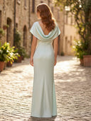 Satin Mermaid Cowl Neck Long Formal Dresses with Cape