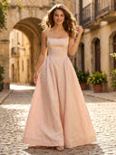 Satin A Line Square Neck Spaghetti Straps Long Formal Dresses with Jacquard