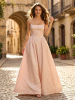 Satin A Line Square Neck Spaghetti Straps Long Formal Dresses with Jacquard