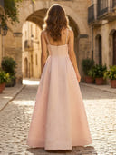 Satin A Line Square Neck Spaghetti Straps Long Formal Dresses with Jacquard