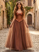 Tulle A Line Sweetheart Strapless Long Formal Dresses with Corset