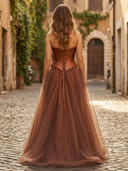 Tulle A Line Sweetheart Strapless Long Formal Dresses with Corset