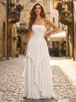Chiffon A Line Strapless Long Formal Dresses with Ruffles